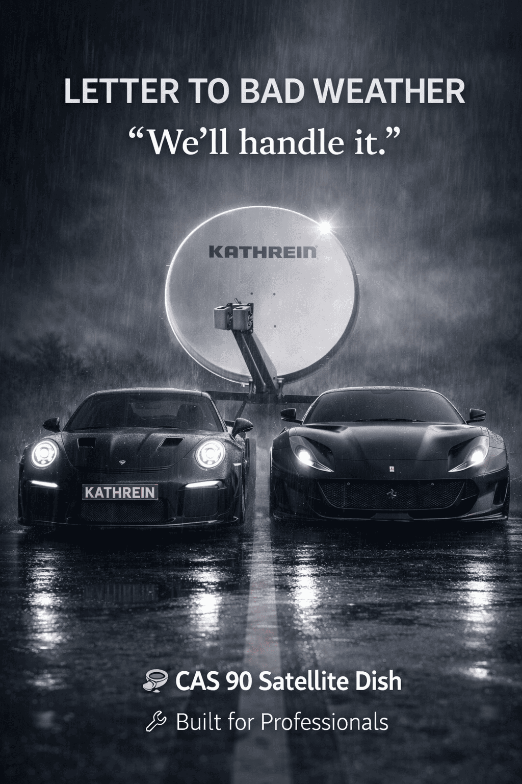 Kathrein satellite dish next to 2 fast cars in the rain – durable and reliable in any weather condition